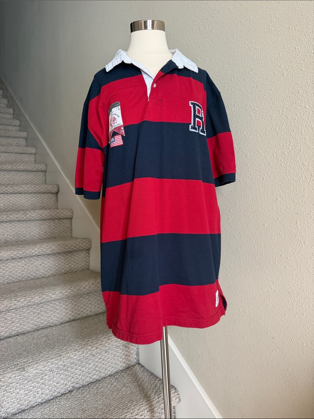 Red Ape Sz XL Red & Navy Stripe Rugby Polo Shirt with 'R' Patch